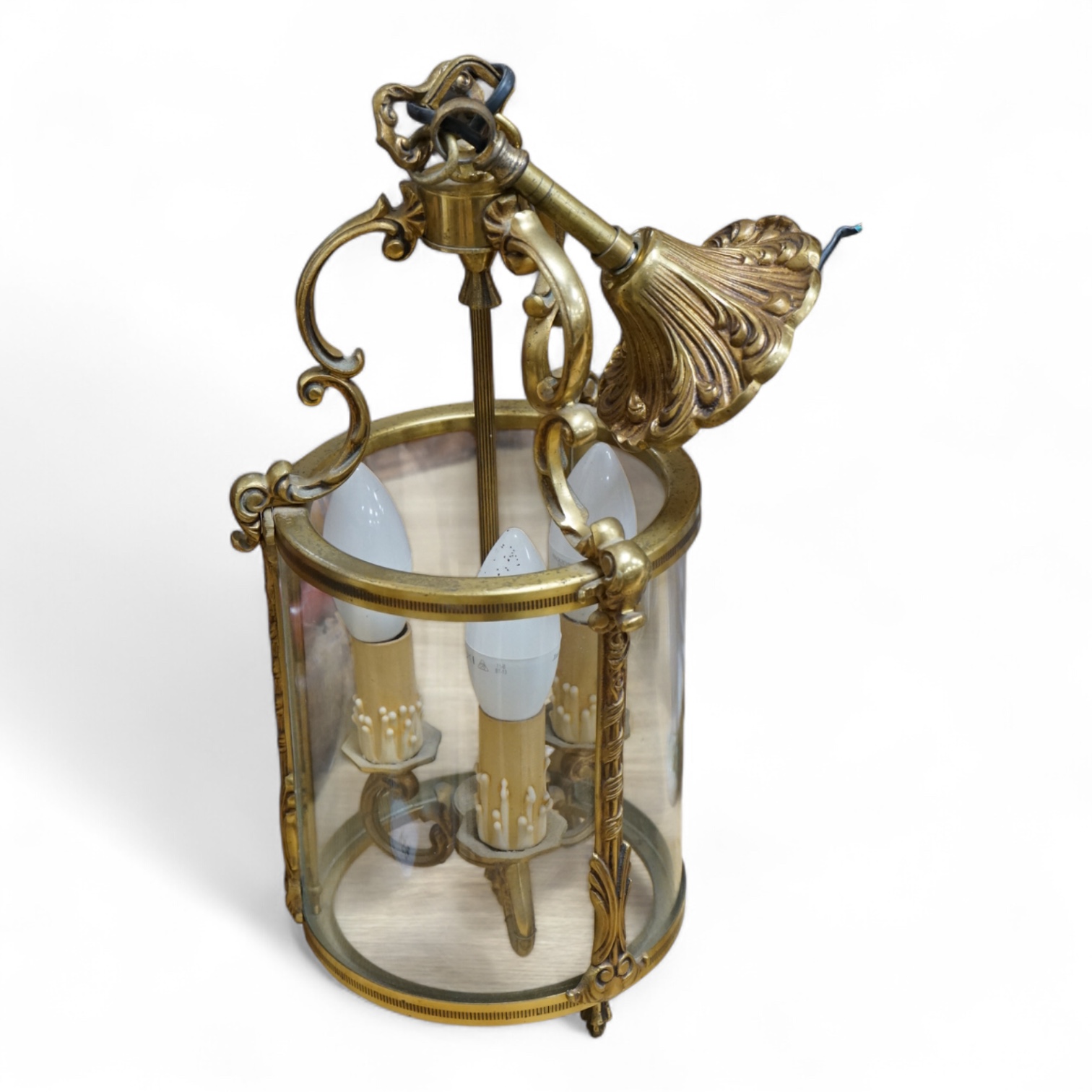 A French brass and glass three light hall lantern, 42cm high. Condition - good
